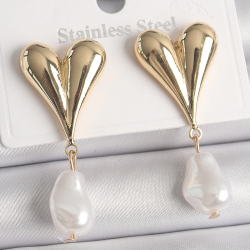 Mey İthalat® Pirinç Gold Renk Kalp Model Sallantı İnci Damla Model Kadın Küpe