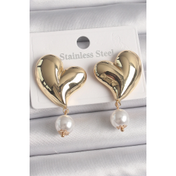 Mey İthalat® Pirinç Gold Renk Kalp Model Sallantı İnci Detay Kadın Küpe