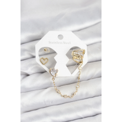 Mey İthalat® Pirinç Gold Renk Kalp Model Zincir Bağlantılı Ear Cuff Küpe Seti