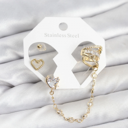 Mey İthalat® Pirinç Gold Renk Kalp Model Zincir Bağlantılı Ear Cuff Küpe Seti