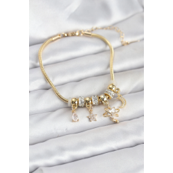 Mey İthalat® Pirinç Gold Renk Kalpli Model Charmlı Kadın Bileklik