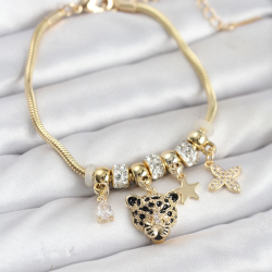 Mey İthalat® Pirinç Gold Renk Kaplan Model Charmlı Kadın Bileklik