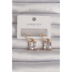 Mey İthalat® Pirinç Gold Renk Kare Zirkon Taşlı Halka Küpe