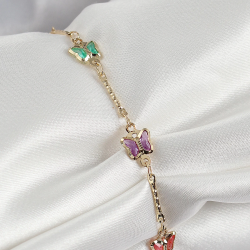 Mey İthalat® Pirinç Gold Renk Karışık Renk Kelebek Zirkon Taşlı Kadın Bileklik