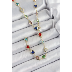 Mey İthalat® Pirinç Gold Renk Karışık Renk Zirkon Taşlı Kalpli Y Kadın Kolye