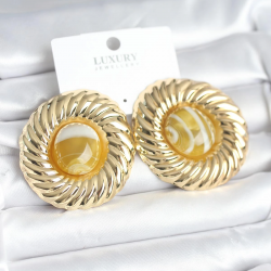 Mey İthalat® Pirinç Gold Renk Kehribar Boncuklu Vintage Kadın Küpe