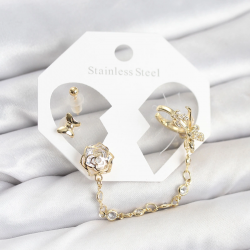 Mey İthalat® Pirinç Gold Renk Kelebekli Model Zincir Bağlantılı Ear Cuff Küpe Seti