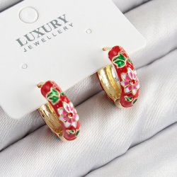 Mey İthalat® Pirinç Gold Renk Kırmızı Çiçek İşleme Mineli Kadın Küpe