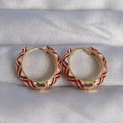 Mey İthalat® Pirinç Gold Renk Kırmızı Etnik Desenli Halka Küpe