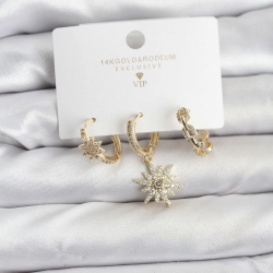 Mey İthalat® Pirinç Gold Renk Kutup Yıldızı Model 3'lü Kadın Küpe Seti