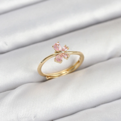 Mey İthalat® Pirinç Gold Renk Pembe Kelebek Kadın Yüzük