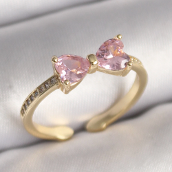 Mey İthalat® Pirinç Gold Renk Pembe Zirkon Taşlı Kalp Fiyonk Model Kadın Yüzük