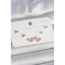 Mey İthalat® Pirinç Gold Renk Pembe Zirkon Taşlı Kalp Model 925 Ayar Gümüş Çivi Kadın Küpe Seti