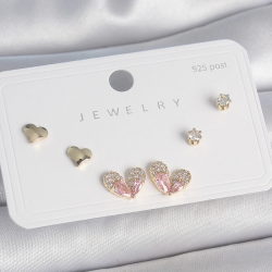 Mey İthalat® Pirinç Gold Renk Pembe Zirkon Taşlı Kalp Model 925 Ayar Gümüş Çivi Kadın Küpe Seti