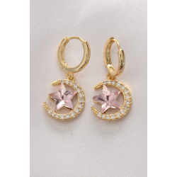 Mey İthalat® Pirinç Gold Renk Pembe Zirkon Taşlı Yıldız Detay Ay Küpe