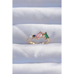 Mey İthalat® Pirinç Gold Renk Renkli Zirkon Taşlı Ayarlanabilir Yüzük