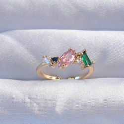 Mey İthalat® Pirinç Gold Renk Renkli Zirkon Taşlı Ayarlanabilir Yüzük