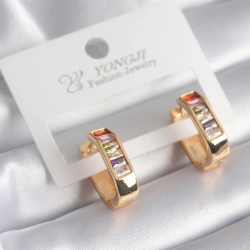 Mey İthalat® Pirinç Gold Renk Renkli Zirkon Taşlı Kadın Küpe