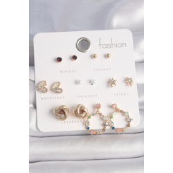 Mey İthalat® Pirinç Gold Renk Renkli Zirkon Taşlı Kalp Detay 7 Çift Kadın Küpe Seti