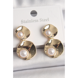 Mey İthalat® Pirinç Gold Renk Sallantı İnci Detaylı Daire Plaka Model Kadın Küpe