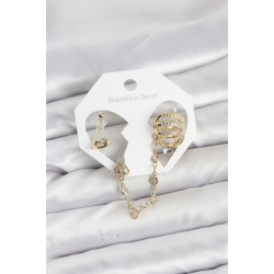 Mey İthalat® Pirinç Gold Renk Sarmal Model Zincir Bağlantılı Ear Cuff Küpe Seti