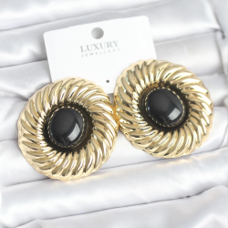 Mey İthalat® Pirinç Gold Renk Siyah Boncuklu Vintage Kadın Küpe