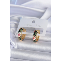 Mey İthalat® Pirinç Gold Renk Siyah Çiçek İşleme Kadın Küpe