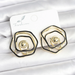 Mey İthalat® Pirinç Gold Renk Siyah Mineli Geometrik Gül Model Kadın Küpe