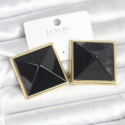 Mey İthalat® Pirinç Gold Renk Siyah Piramit Model Kadın Küpe