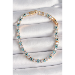 Mey İthalat® Pirinç Gold Renk Su Yolu Zirkon Taşlı Nazar Boncuklu Kadın Bileklik