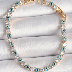 Mey İthalat® Pirinç Gold Renk Su Yolu Zirkon Taşlı Nazar Boncuklu Kadın Bileklik