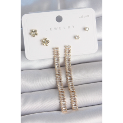 Mey İthalat® Pirinç Gold Renk Su Yolu Zirkon Taşlı Sallantı Model Çiçek Detay 925 Ayar Gümüş Çivi Kadın Küpe Seti