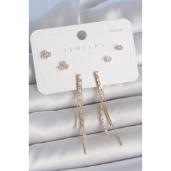 Mey İthalat® Pirinç Gold Renk Su Yolu Zirkon Taşlı Sallantı Model Çiçek Detay 925 Ayar Gümüş Çivi Kadın Küpe Seti