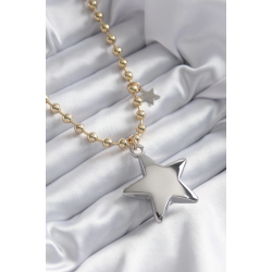 Mey İthalat® Pirinç Gold Renk Topçuk Zincir Gümüş 3D Yıldız Model Yıldız Detay VİP Kadın Kolye