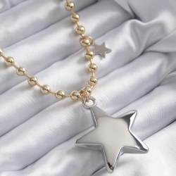Mey İthalat® Pirinç Gold Renk Topçuk Zincir Gümüş 3D Yıldız Model Yıldız Detay VİP Kadın Kolye