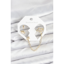 Mey İthalat® Pirinç Gold Renk Uzay Model Zincir Bağlantılı Ear Cuff Küpe Seti