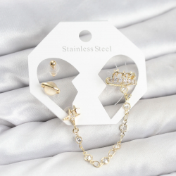 Mey İthalat® Pirinç Gold Renk Uzay Model Zincir Bağlantılı Ear Cuff Küpe Seti