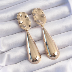 Mey İthalat® Pirinç Gold Renk Uzun Bombeli Ezme Plaka Küpe