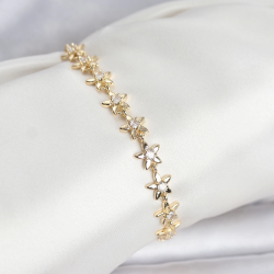 Mey İthalat® Pirinç Gold Renk VIP Seri Sıralı Taşlı Yıldız Model Zirkon Taşlı Kadın Bileklik