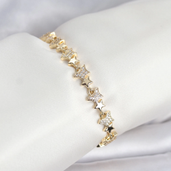 Mey İthalat® Pirinç Gold Renk VIP Seri Yıldız Model Zirkon Taşlı Kadın Bileklik