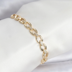 Mey İthalat® Pirinç Gold Renk VIP Seri Zincir Model Zirkon Taşlı Kadın Bileklik