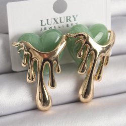 Mey İthalat® Pirinç Gold Renk Yeşil Sedefli Akan Kalp Model Kadın Küpe