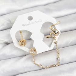 Mey İthalat® Pirinç Gold Renk Yılan Model Zincir Bağlantılı Ear Cuff Küpe Seti