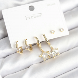 Mey İthalat® Pirinç Gold Renk Yıldız Model 925 Gümüş Çivili Kadın Küpe Seti
