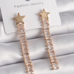 Mey İthalat® Pirinç Gold Renk Yıldız Model Su Yolu Zirkon Taşlı Kadın Küpe