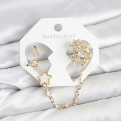 Mey İthalat® Pirinç Gold Renk Yıldız Model Zincir Bağlantılı Ear Cuff Küpe Seti