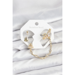 Mey İthalat® Pirinç Gold Renk Yıldızlı Model Zincir Bağlantılı Ear Cuff Küpe Seti