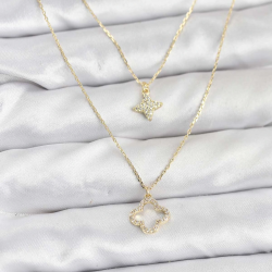 Mey İthalat® Pirinç Gold Renk Yonca Model 2'li Kadın Kolye