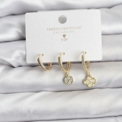 Mey İthalat® Pirinç Gold Renk Yonca Model 3'lü Kadın Küpe Seti