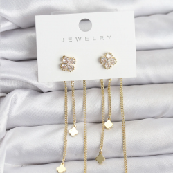 Mey İthalat® Pirinç Gold Renk Yonca Model Sallantılı Kadın Küpe